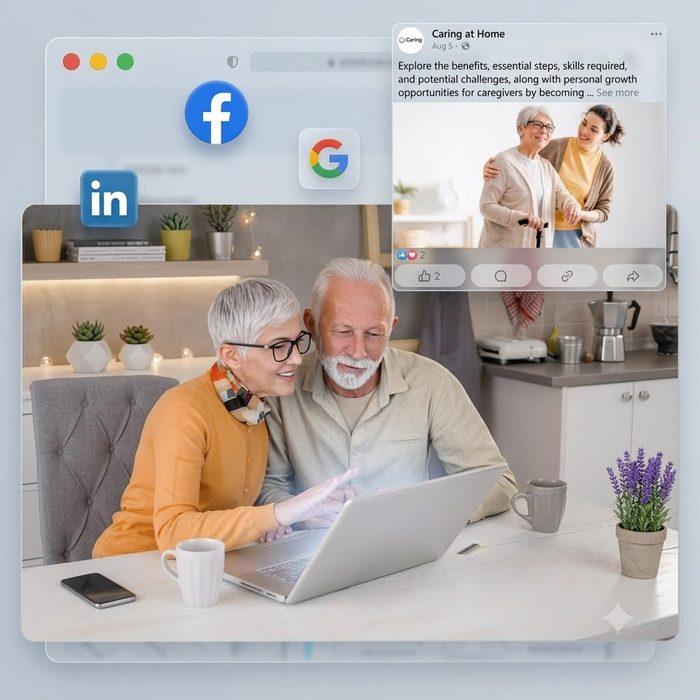Senior couple finding a home care agency through Google, Facebook, and LinkedIn search